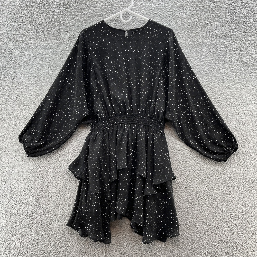 Reset by Jane Dress Women Medium Black Star Print Smocked Waist Ruffle Boho Mini
